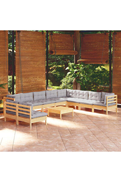 Concept Σετ επίπλων κήπου με μαξιλάρια, 11 τεμάχια, γκρι, μασίφ ξύλο πεύκου