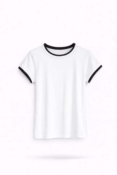 5in1Canpolat Ecru Contrast Striped Basic T-Shirt 11046