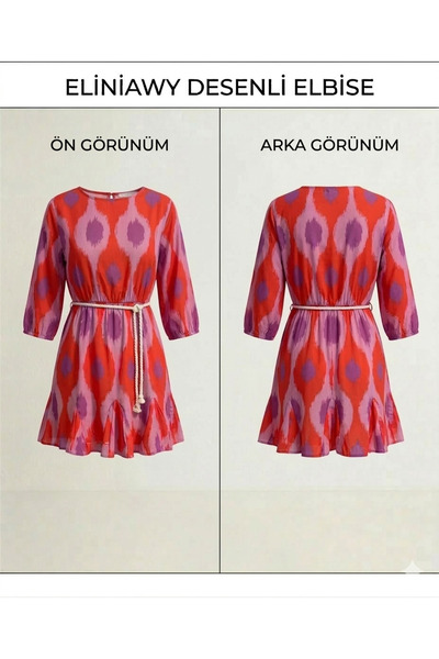 YOU Desenli Mini Elbise – Bel Lastikli Kuşaklı Şifon Elbise