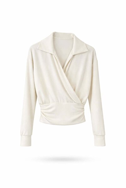 5in1Canpolat Cream Polo Collar Double-Breasted Blouse 17483