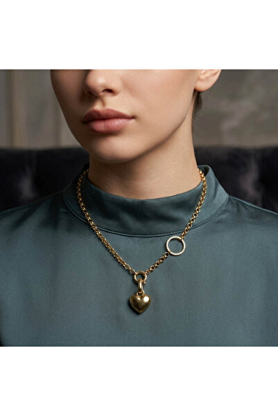 Generic Gold Tone Heart & Circle Necklace – Sparkling Pavé Charm | Romantic F...