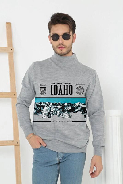 FREEDOM STOREE Men's Half-Turtleneck Sweater Printed Woven Knitwear - Gray