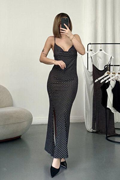 MOZENA Degaje Collar Strap Dress Polka Dot Patterned Slit