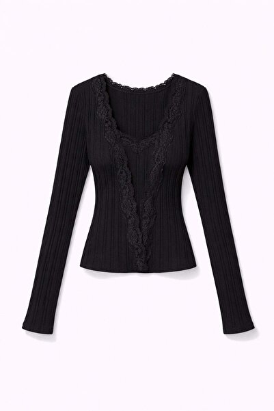 5in1Canpolat Black Front Tie-Detail Lace Piece Blouse 17489