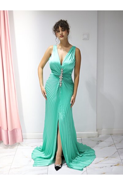 Angy Fashion “Aqua Goddess” Evening Dress – Pleated with Jewel Detail Size: 42