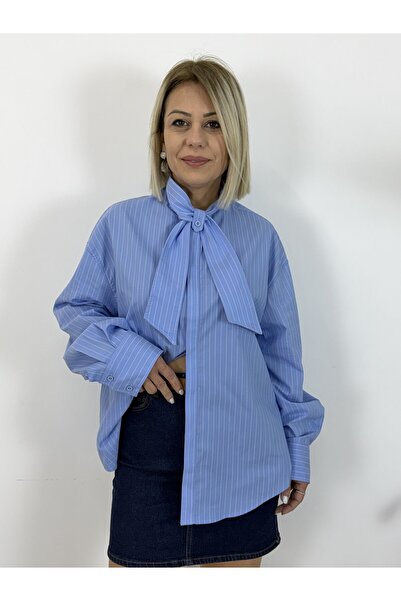 SİSTA MODA 7435 Collared Belted, Hidden Placket, Striped , Boyfriend Shirt