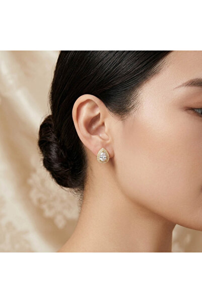 Generic Gold Tone Pear Stone Stud Earrings – Double Halo Sparkling Design | L...