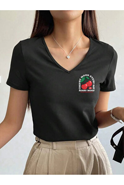 SUNFREE Cherry B Printed V-Neck P Cotton U Short Sleeve Women's Tshirt