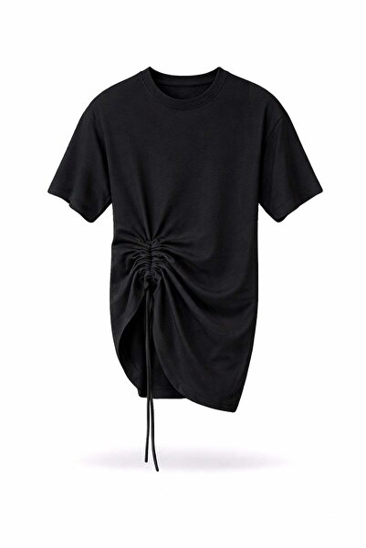 5in1Canpolat Black Front Ruched T-Shirt 261025