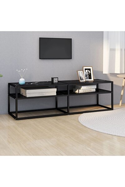 Concept Comodă TV, marmură neagră, 140x40x40,5 cm, sticlă securizată