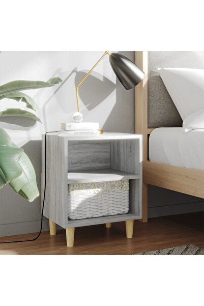 Concept Κομοδίνο με μασίφ ξύλινα πόδια, γκρι sonoma, 40x30x50 εκ.