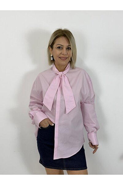 SİSTA MODA 7435 قميص بوي فريند بياقة وحزام، وأزرار مخفية، مخطط