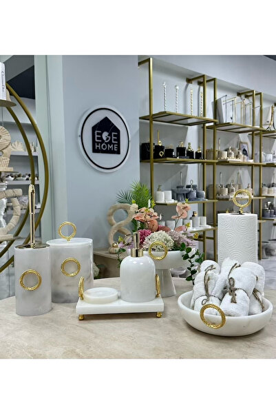 ege gross DEKORATİF BEYAZ DOĞAL MERMER 8 PARÇA GOLD YAN HALKA DETAYLI BANYO SETİ