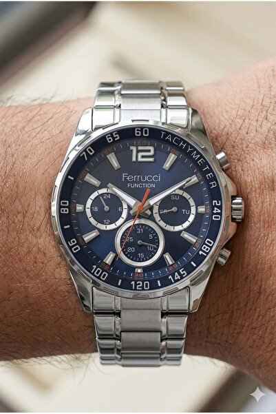 Ferrucci Silver Color Men's Wristwatch |   44mm Steel Case, Silver Steel Band...