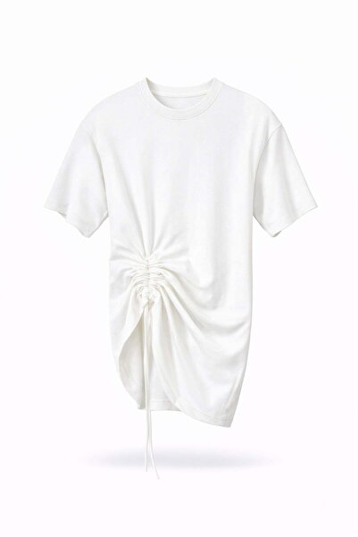 5in1Canpolat Ecru Front Ruched T-Shirt 261025