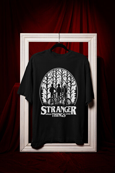 MG STRANGER THINGS BASKILI BİSİKLET YAKA PAMUKLU OVERSIZE KALIP KISA UNISEX T...