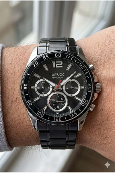 Ferrucci Black Color Men's Wristwatch |   44mm Steel Case, Black Steel Band, ...