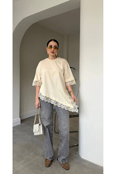 IŞILDA FASHION Tricou asimetric cu detalii din dantelă