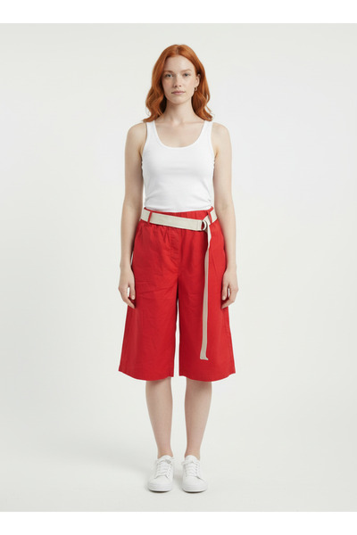 Neden Tekstil Women's Red Waistband Belt Pack Wide Leg Linen Capri Pants