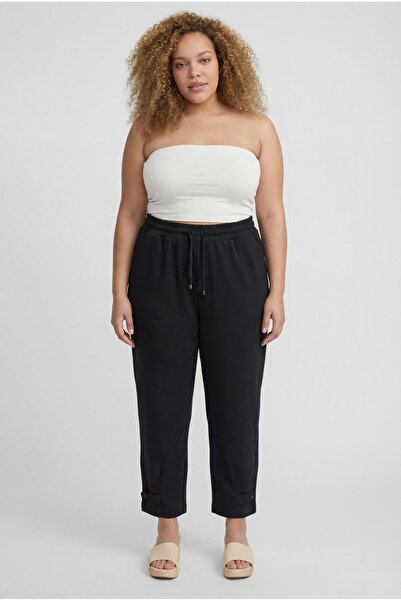 Ebsumu Women's Plus Size Button Detail Sho Fabric Knitted Black Trousers