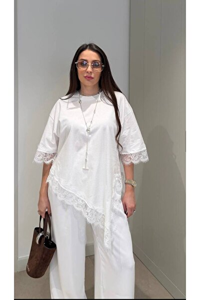 IŞILDA FASHION Ασύμμετρο μπλουζάκι με λεπτομέρεια από δαντέλα