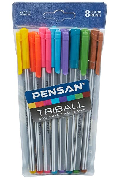 Pensan Triball Tükenmez Kalem Renkli 8'li Vakumlu, Açık Yeşil/Kahve/Kırmızı/Mavi/Mavi&Yeşil/Mor/Pemb