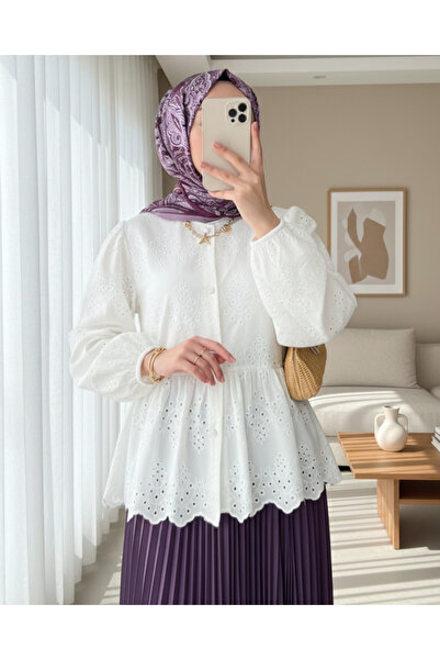 COjans Lined Shirt with Elastic Sleeves and Openwork Buttons - White