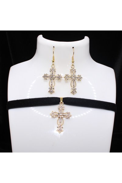 Mournbelle Gotik Taşlı Parıltılı Altın Haçlı Choker Seti