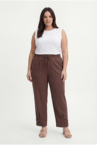 Ebsumu Women's Plus Size Button Detail Sho Fabric Knitted Brown Trousers