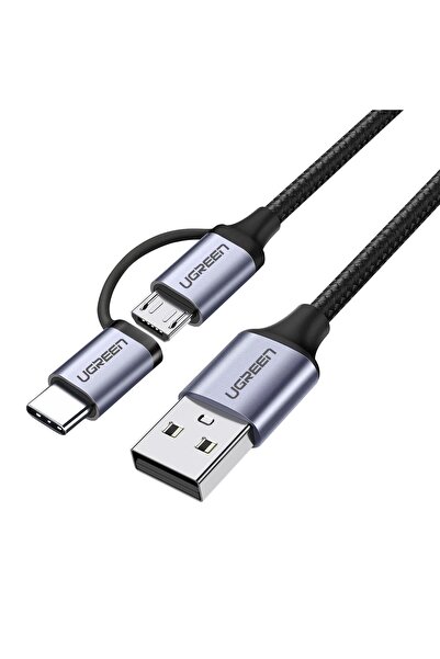 Ugreen 2'si 1 Arada Örgülü Type-C Micro USB Şarj ve Data Kablosu 1 Metre