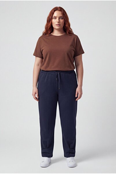 Ebsumu Women's Plus Size Button Detail Sho Fabric Knitted Navy Blue Trousers