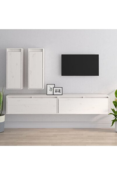 Concept Comode TV, 4 buc., alb, lemn masiv de pin