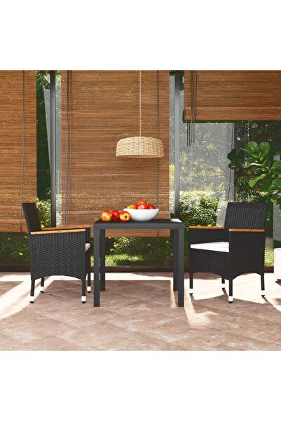 Concept Σετ τραπεζιού κήπου με μαξιλάρια, 3 τεμάχια, μαύρο, πολυεστέρας ρατάν
