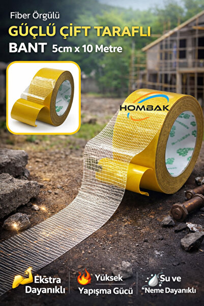 Hombak Fiber Örgülü Güçlendirilmiş Çift Taraflı Bant 5cm x 10m – Süper Yapışk...