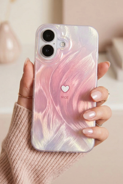 KVK PRİVACY iPhone 17 Uyumlu Pembe Tüylü Dalga Desenli Küçük Kalp Tasarımlı K...