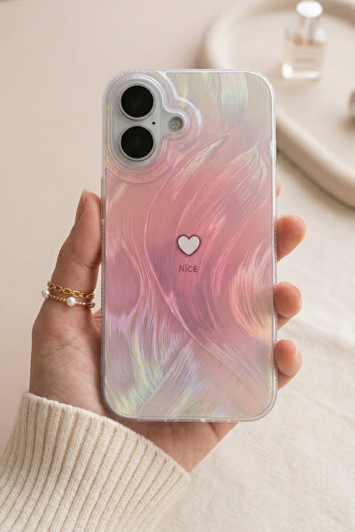 KVK PRİVACY iPhone 17 Compatible Pink Feather Wave Patterned Small Heart Design Protective Phone Case