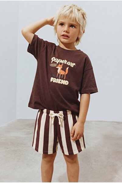 Magu طقم شورت تي شيرت براون فوكس مطبوع مكون من قطن قطع للأطفال من الجنسين