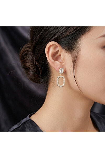 Generic Gold Tone Geometric Drop Earrings – Cushion Stone + Sparkling Oval Frame