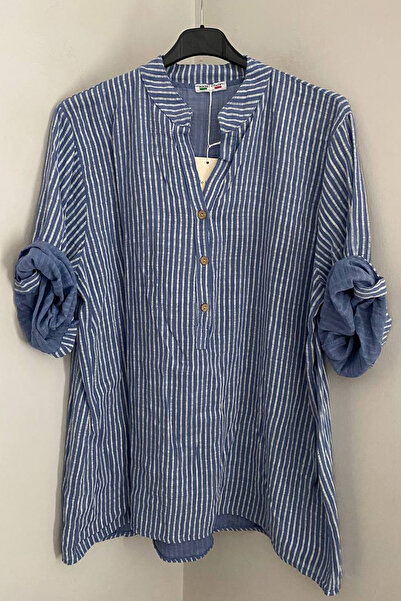 AYASOFYA OTANTIK Γυναικείο ιταλικό μπλουζάκι Indigo Blue με γιακά με τρία κου...