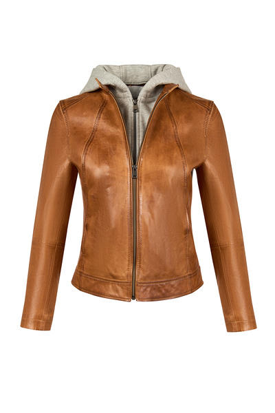 Derimod Magic Women's Brown Hooded Short Sports Leather Jacket 26Sgm566751