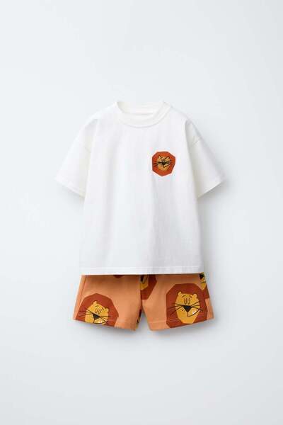 Magu طقم شورت تي شيرت للأطفال من الجنسين مكون من قطن قطع بتصميم الأسد الأبيض ...