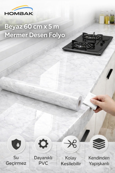 Hombak Self-Adhesive Marble Patterned Kitchen Bathroom Countertop Wall and Ta...