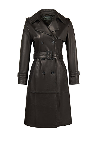 Derimod Evita Women's Black Belt Detail Leather Trench Coat 26Sgd5652U4