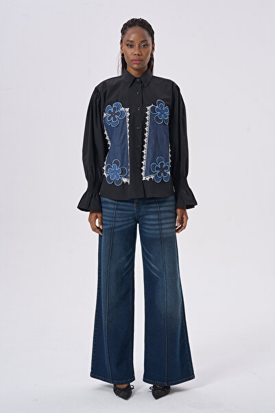 HANIQA Çiçek Desenli Denim Gömlek