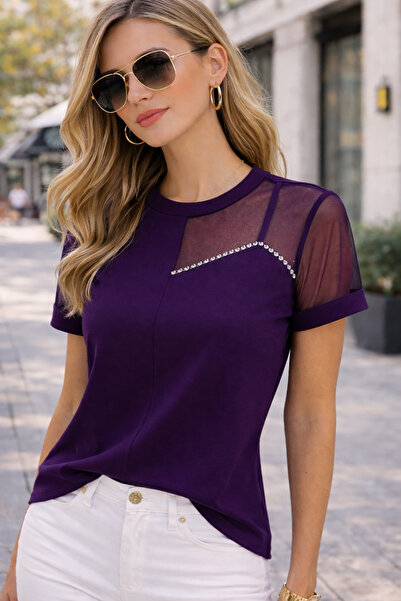 Masspera Kadın Tül Omuz Taş Detaylı Krep Bluz Yazlık Şık Günlük Bluz