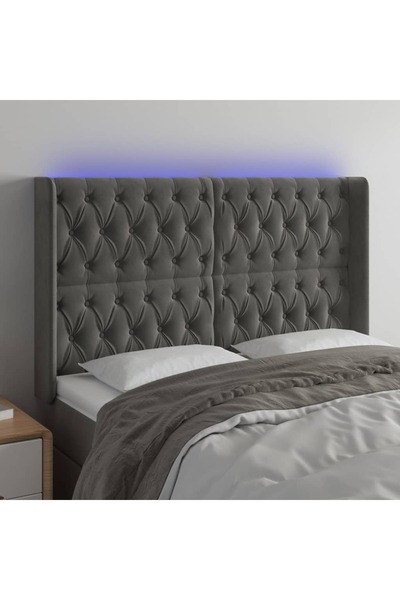 Concept Tăblie de pat cu LED, gri închis, 163x16x118/128 cm, catifea