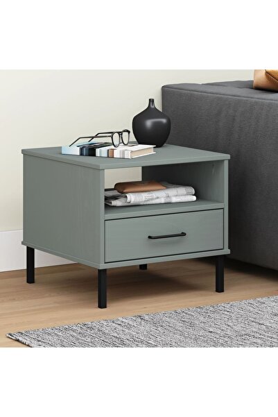 Concept Noptieră cu picioare metalice „OSLO”, gri, lemn masiv pin