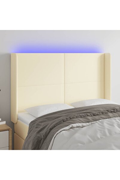 Concept Tăblie de pat cu LED, crem, 147x16x118/128 cm, piele ecologică