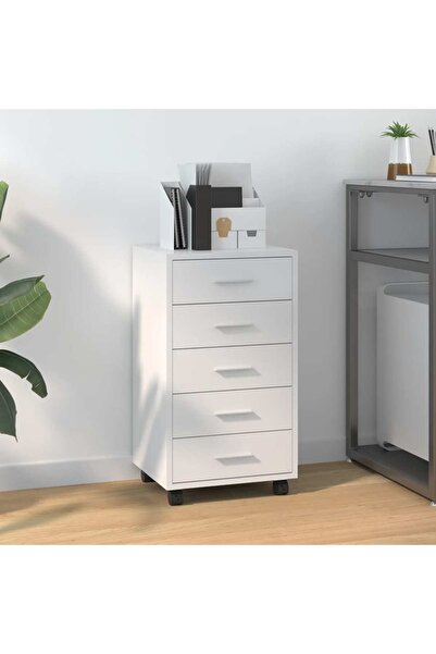 Concept Dulap cu sertare și roți, alb extralucios, lemn prelucrat