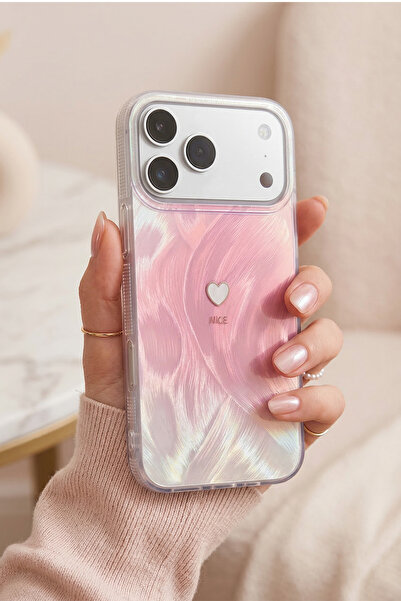 KVK PRİVACY iPhone 17 Pro Max Uyumlu Pembe Tüylü Dalga Desenli Küçük Kalp Tas...